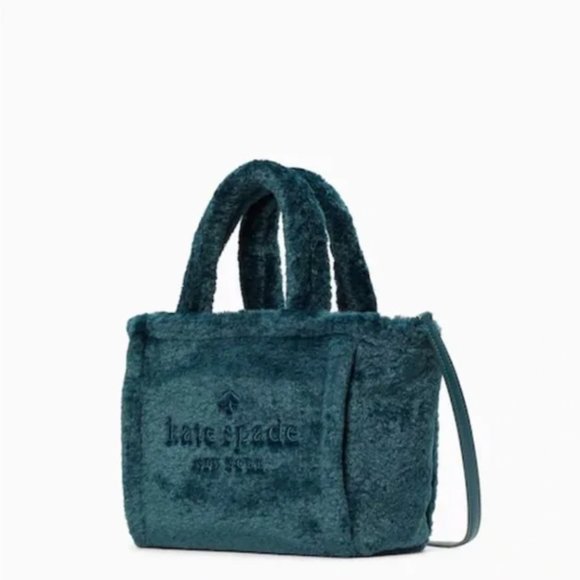 ♠️ KATE SPADE | Ella Shearling Fur Tote Crossbody Bag, Peacock Sapphire Green - Picture 2 of 13